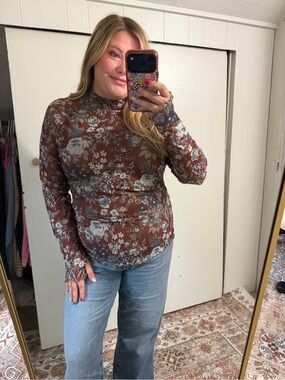 Brown Floral Long-Sleeve Mock Neck Top Size XL